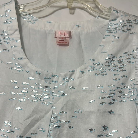 White and Blue Sheath Mini Dress with Flutter Cap Sleeves - Picture 5 of 10